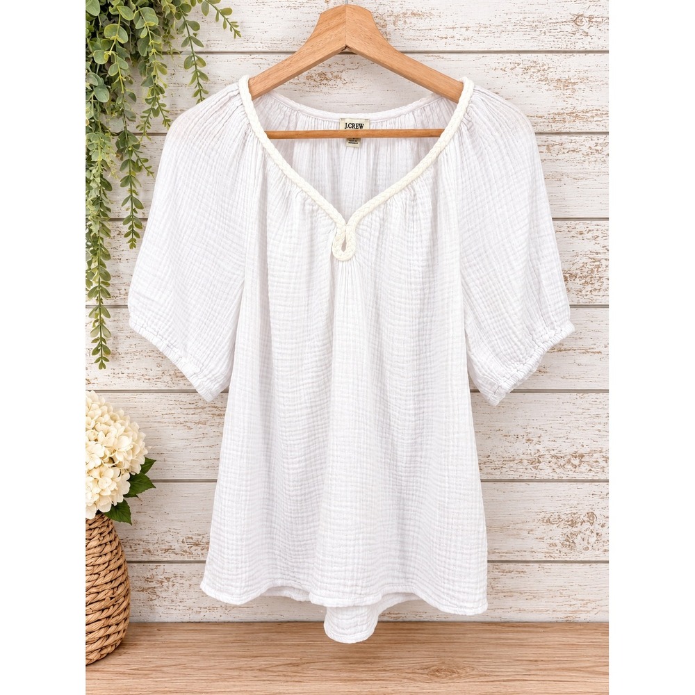 J. Crew Gauze Blouse Women Size Medium White Short Sleeve V-Neck Cotton